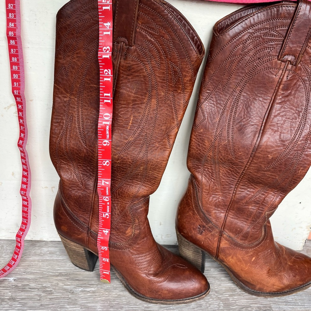 Frye Chestnut Brown Leather Western High-Heel Boots - Picture 4 of 11